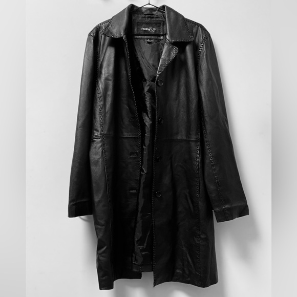 🔥Stylish Pasha & Jo Braid Accented Long Black Leather Button Down Jacket! - Picture 4 of 10